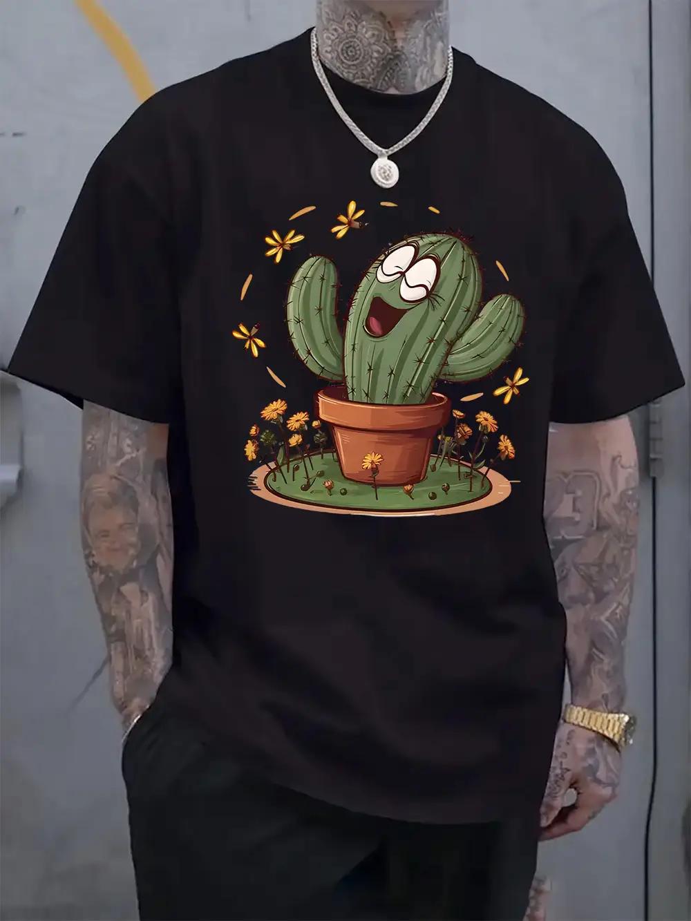 

Casual Short Sleeve T-shirt with joyful Cactus Print XL