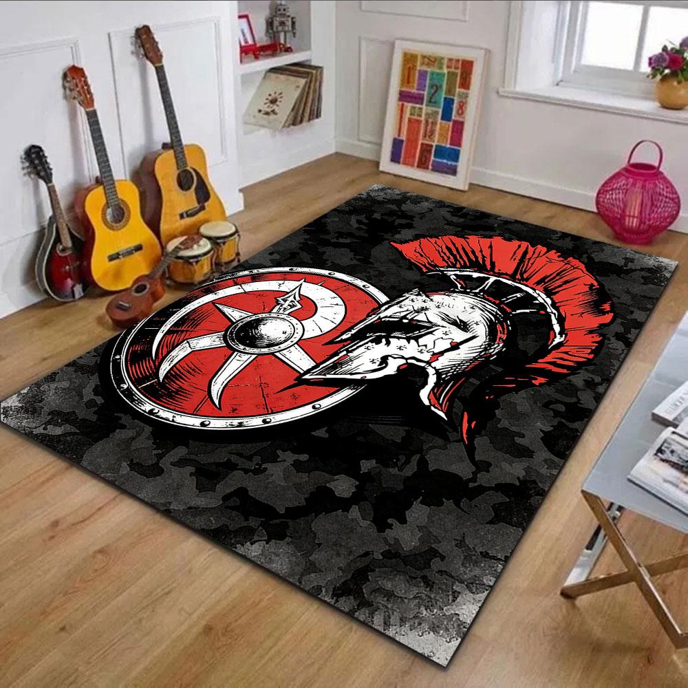 Spartan Warrior Helmet and Shield Art Patterned Carpet, Non Slip Mat Suitable for Living Room and Bedroom Sofas