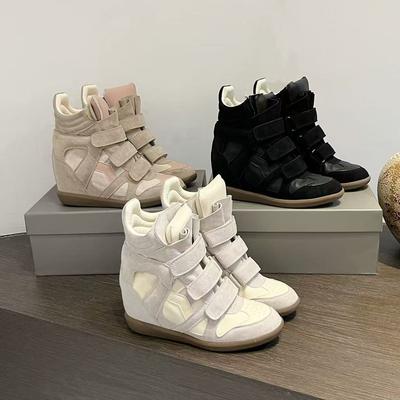 Autumn Velcro Invisible Inner Heightening Women's Shoes Wedge Heel Color Matching Sports and Leisure Shoes Leather High-top Shoes