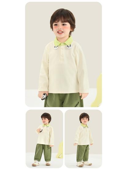 Kaka Panda Kids' Long Sleeve Polo Neck T-shirt for Boys and Girls - Spring/Autumn Base Layer Top