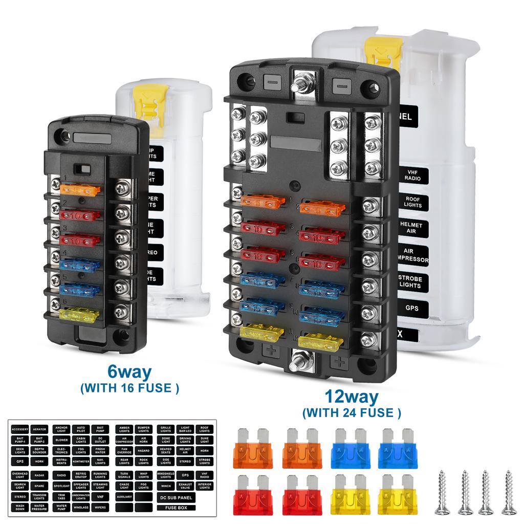 6/12 Way Blade Fuse Box Holder With LED Indicator Waterproof 12-36V Power Distribution Panel For Car Boat Auto Marine RV Camper