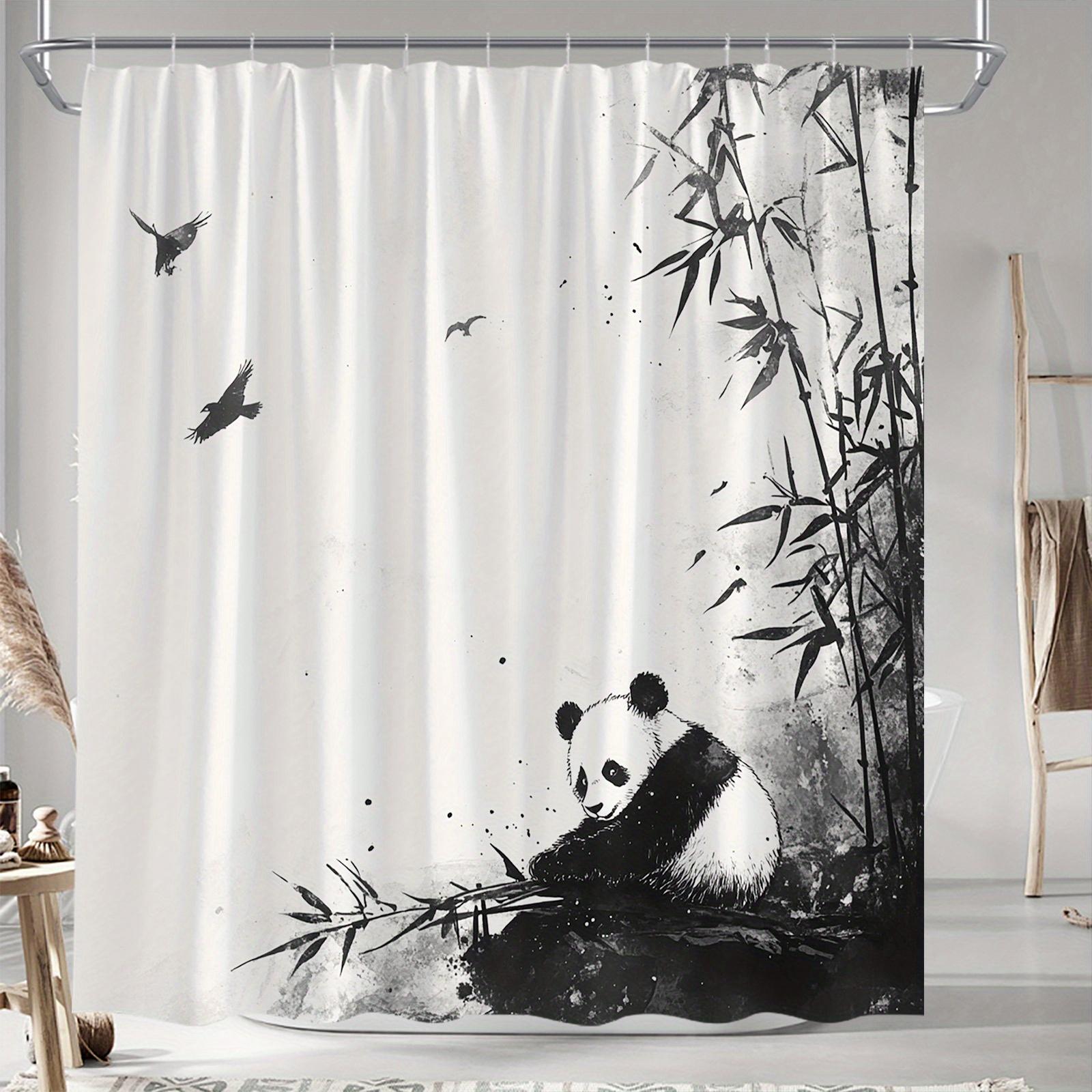 

Monochrome Panda Shower Curtain - Bamboo Branch with Birds & Natural Elements,Polyester, Machine Washable, Stylish Bath Decor W90XH180cm