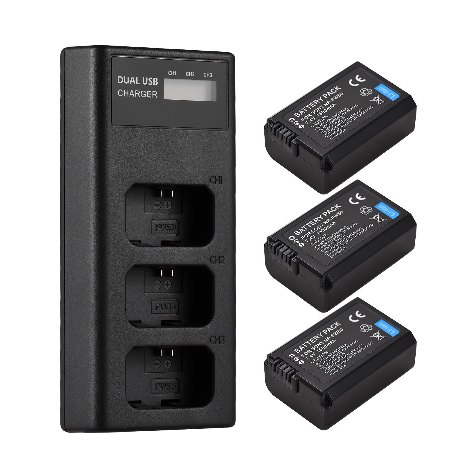 

NP-FW50 Зарядное устройство Зарядное устройство на 3 гнезда со светодиодными индикаторами Micro USB и порт Type C + 3 шт. NP-FW50 чёрный