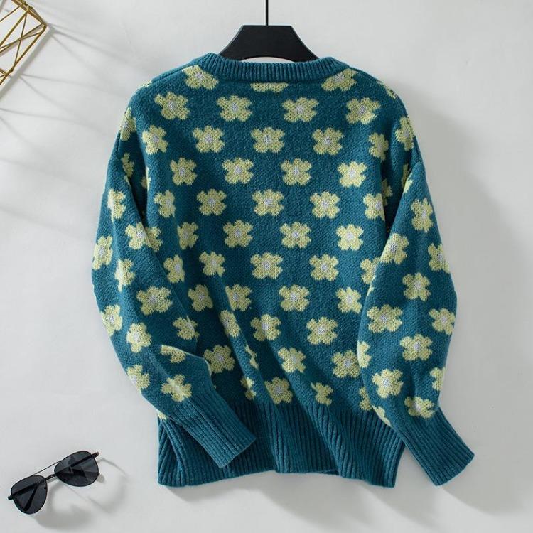 Pullover Print Vintage Long Sleeve Sweater Knitwear Loose V-Neck Top for Autumn Winter