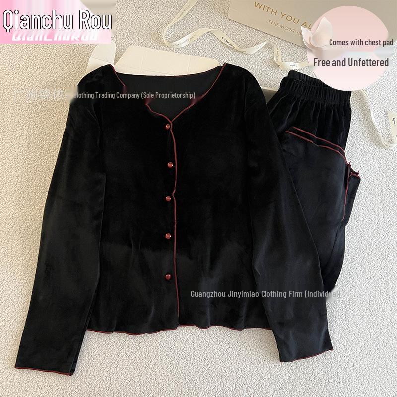 

Women s V-Neck Cardigan Sea Island Velvet Pajama Set with Chest Pads - Long Sleeve, Long Pants, Perfect for Home or Outdoor Wear Size 2 [80-115 lbs]