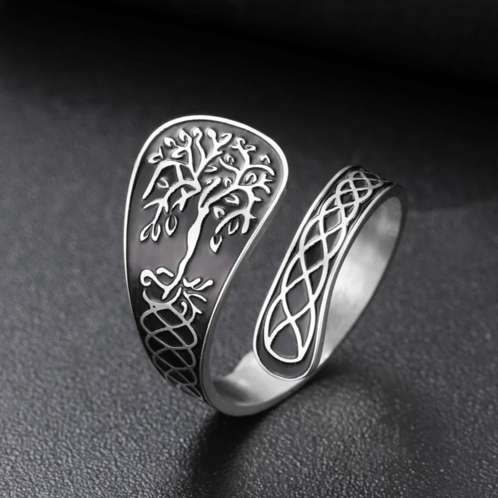 Tree of Life Ring Adjustable Open Band Spiritual Healing Jewelry Stainless Steel Boho Gift for Women Men