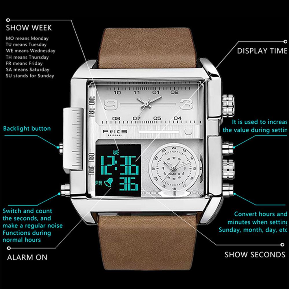 BINBOND Fashion Square Big Dial Wristwatch Three Display Quartz Watch for Men Multifunctional Sports Clock Male Wristwatch