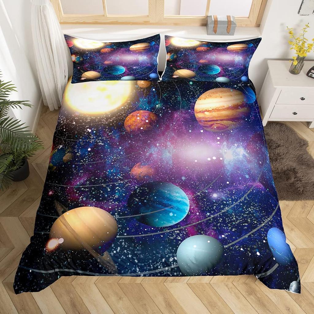 Space Themed Bedding Set Galaxy Outer Space Duvet Cover Set Full Queen For Boys Girls Earth Planets Moon Stars Comforter Cover