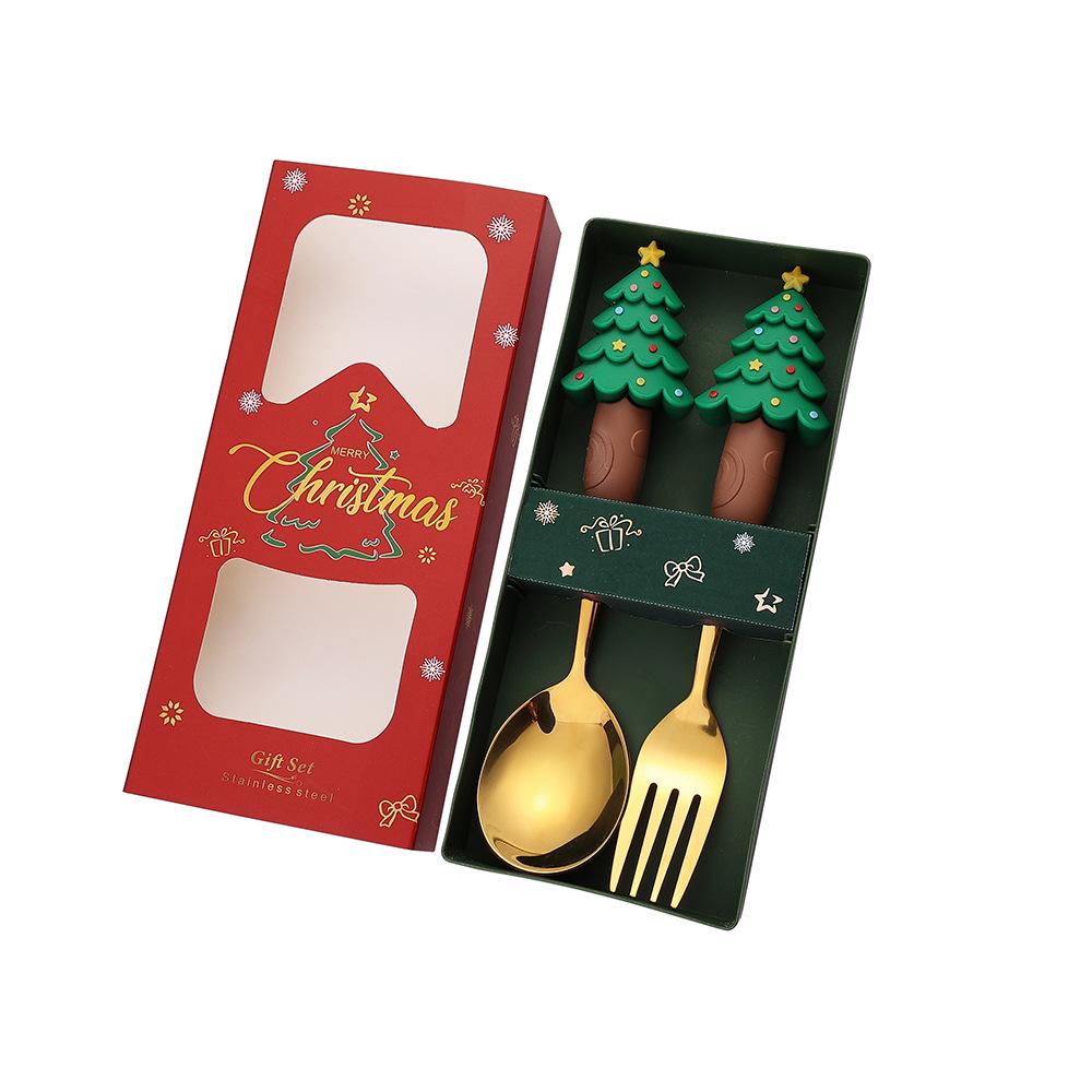 Christmas, Stainless Steel Spoon and Fork Set Santa Spoon Fruit Fork Tableware Gift Box
