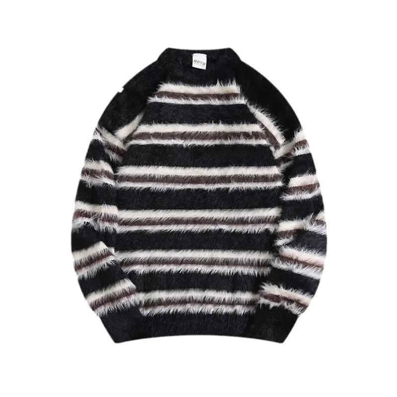 Niche Trendy Brand Black and White Striped Design Sweater for Men In Autumn and Winter Loose Soft and Waxy Lazy Style Round Neck Sweater