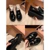 Cowhide version~ Gold coin round head small leather shoes women's thick-soled thick-heeled single shoes versatile one-pedal genuine leather hig