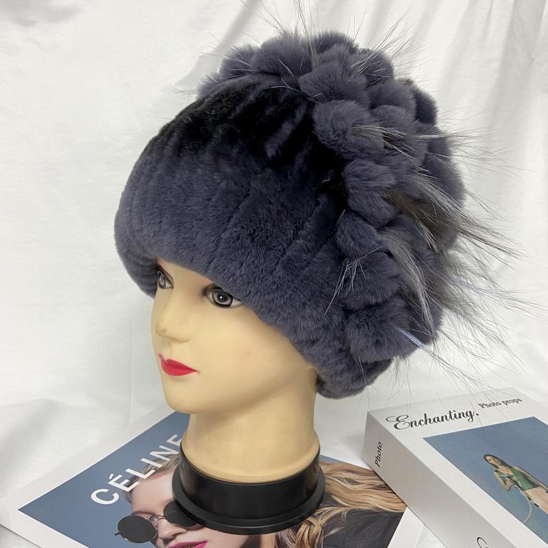 

Новые шапки из натурального меха кролика для женщин, полосатые цветочные шапки из меха лисы, женские зимние теплые вязаные толстые шапки для снега head 55-59cm