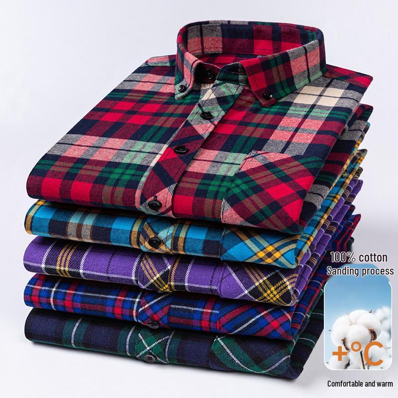 Men's Plus Size Pure Cotton Brushed Plaid Long Sleeve Shirt - Business Casual & Breathable