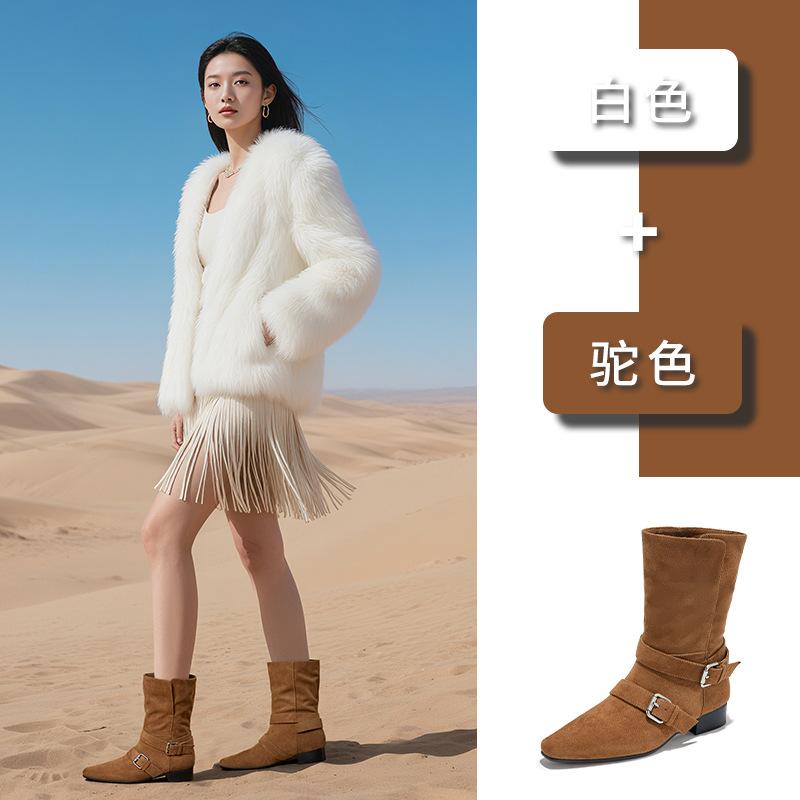 Neue Retro-Wildleder-Kurzstiefel 2025 Herbst und Winter Ausländischer Stil Martin Boots Lässig Spitze Western Denim Schnallenriemen Damenstiefel Trend