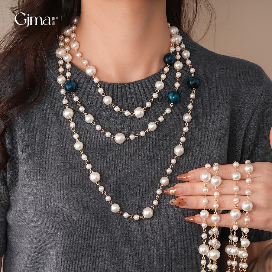 French retro tiger's eye stone beaded long pearl necklace niche sweater chain necklace women