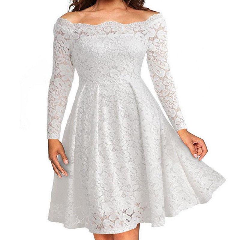 Elegant Women's Vintage Lace Boat Neck Formal Wedding Cocktail Evening Party Swing Dress