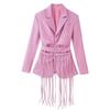 Womens Striped Collared Blazer With Detachable Fringe Belt Cotton Blend Korean Style Jacket
