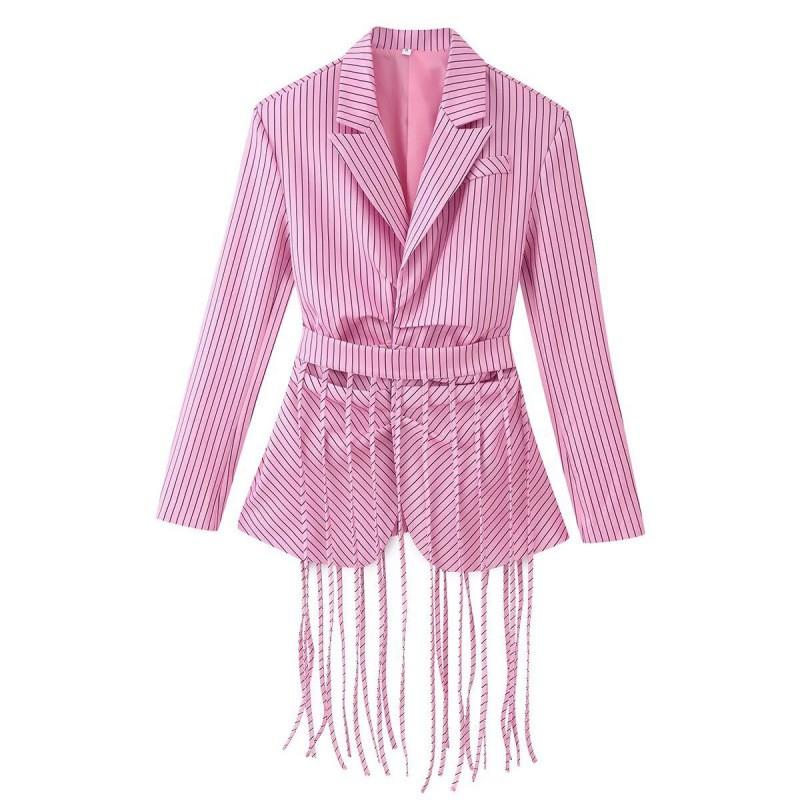 Womens Striped Collared Blazer With Detachable Fringe Belt Cotton Blend Korean Style Jacket