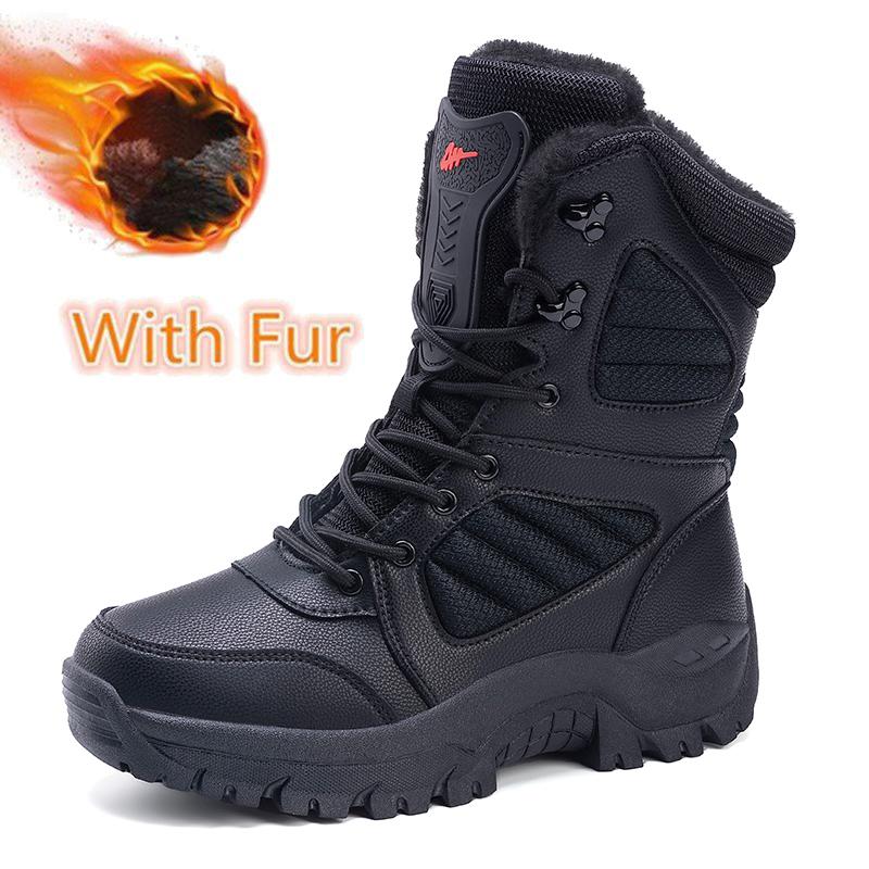 Fashion Outdoor Mens Motorcycle Boots Lace Up Mountaineering Shoes Non-Slip Male High-top Hiking Shoes Warm Plush Fur Winter Boots Botas