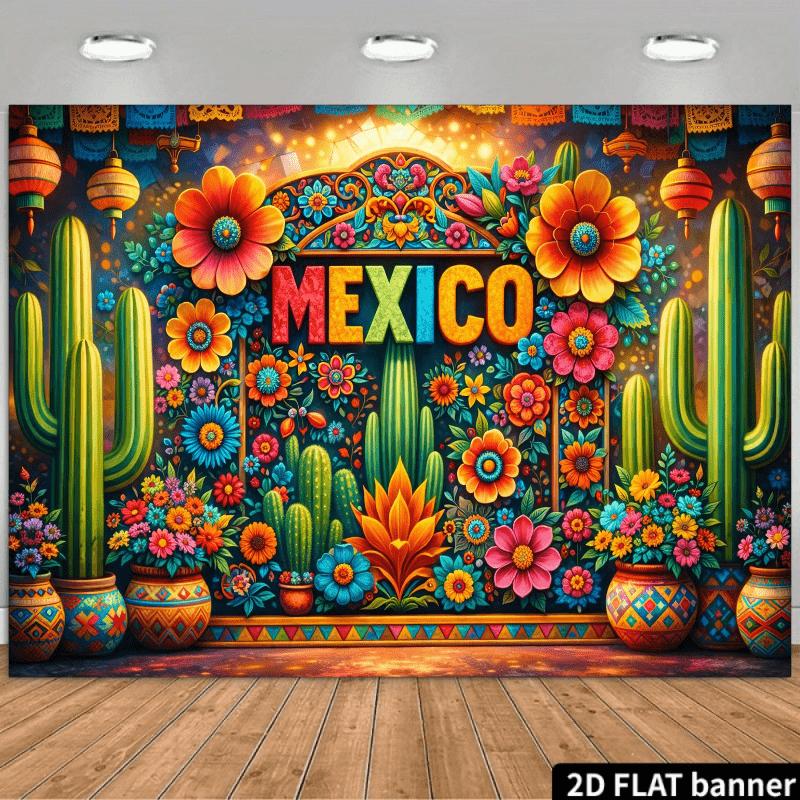 2D planar Mexican-style background fabric with colorful arches, cacti, skull decorations, lanterns and colorful flowers