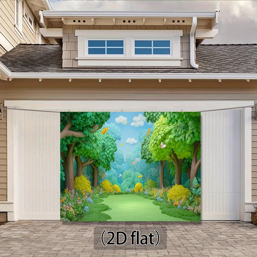 2D plane, 2D flat banner, 1 piece of forest-themed background fabric, featuring green trees, colorful flowers and butterflies