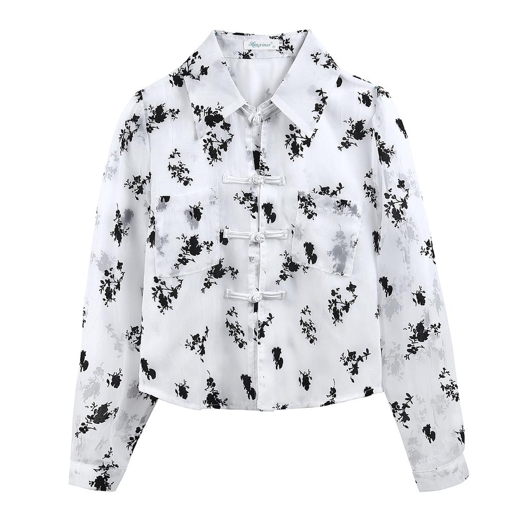 New 2024 Chinese Style Fashion Long Sleeve Office Lady Turn Down Collar Pocket Print Chiffon Blouse Shirt Women Tops Blouses Shirts J500