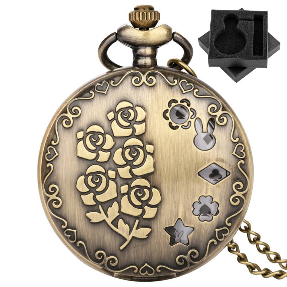 Unique Hollow Bronze Quartz Pocket Watch Rose Flower Pattern Necklace Pendant Clock Trendy Vintage Timepiece Gift for Men Women
