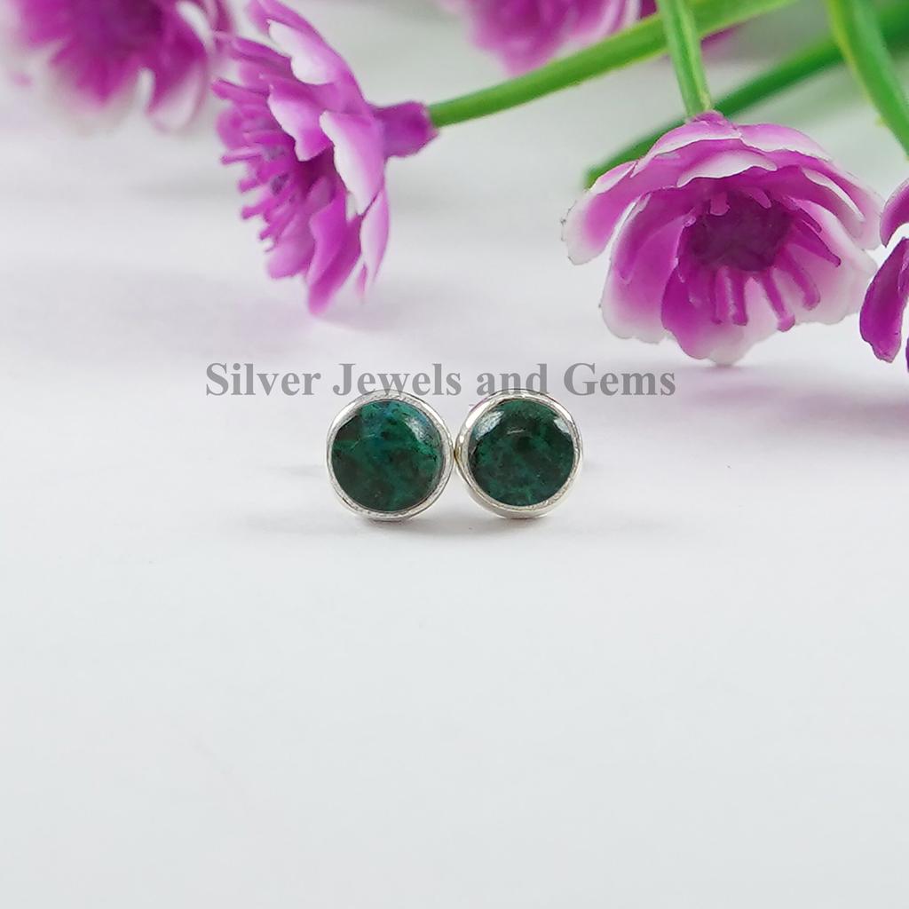 Round Chrysocolla Stud Earrings, Tiny Gemstone Studs, 925 Sterling Silver Studs, Green Stone Studs, Anniversary Gift, Handmade Earrings