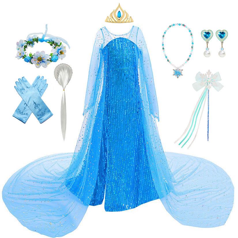 Elsa Sequin Classic Train Dress with Wig in Purple and Blue