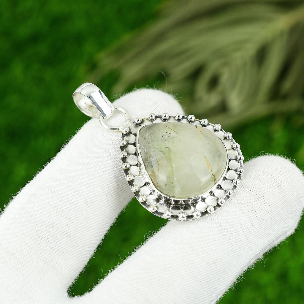 Gift For Women Pendant 925 Sterling Silver Natural Golden Rutile Gemstone