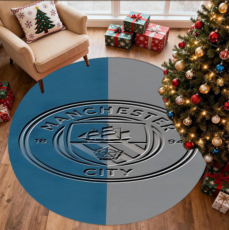 Manchester City FC Pattern Round Rug, Indoor/Outdoor Mat, for Picnic, Gameroom, Bedroom, Office, Living Room, Home Decor Carpet, Birthday Gift