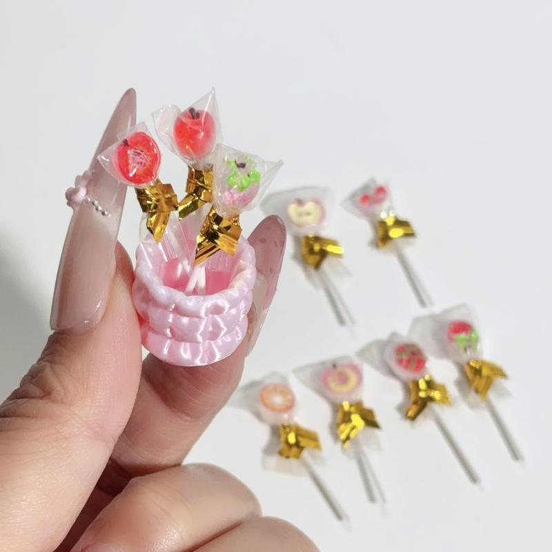 6Pcs Fruit Lollipop Model Decoration 1:12 Dollhouse Miniature Candy Diy Accessories Kitchen Food And Play Toys Photography Props