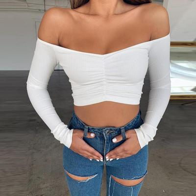 Sexy Long Sleeve Off Shoulder T-shirt Crop for Women Spring Summer Autumn Basic Tees Fashion Female T-shirt Solid Color Tops