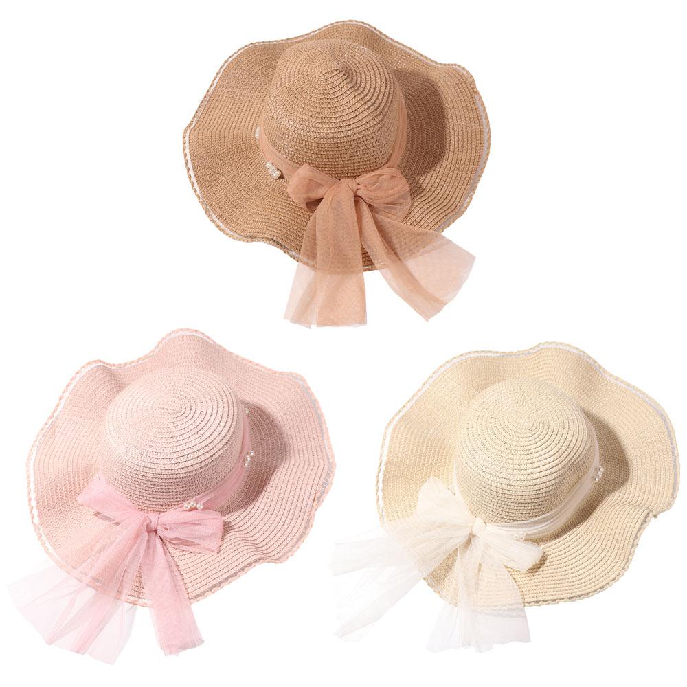 Spring Summer Lace Pearls Straw Hat French Style Women's Sun Hat Bow Ribbon Straw Hat  Girls