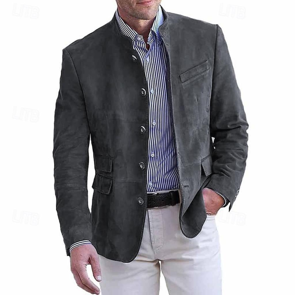 Men Stand Collar Button Front Suede Blazer Casual Slim Fit Suit Jacket with Multiple Pockets for Everyday Wear