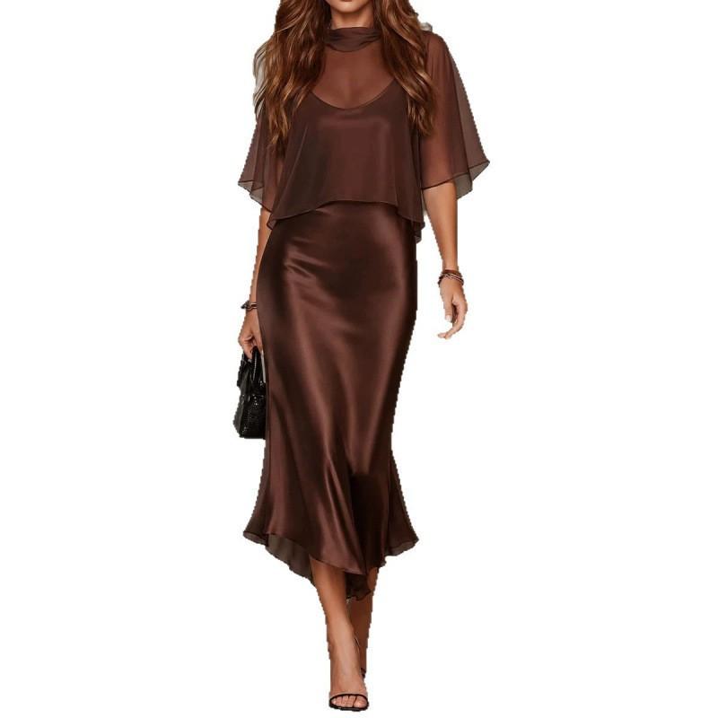 Elegant Satin Slip Dress With Mermaid Skirt High Neck Sleeveless Formal Evening Gown Women