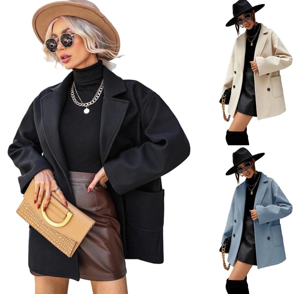 Women's Autumn Wool Overcoat with Turn-Down Collar and Drop Shoulder Design