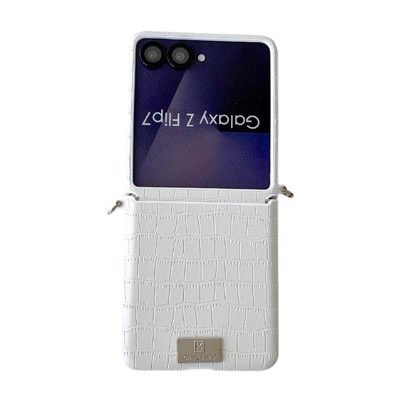 Samsung Z Flip7 Case - Crocodile Texture, Folding Screen, Pearl Bracelet, Scratch-Resistant, Hard Protection