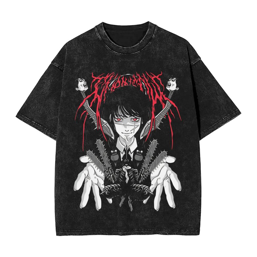 Anime Chainsaw Man Yoru T-Shirt Hip Hop Gothic Gewaschenes Oversized-T-Shirt Herren Damen Kleidung Kurzarm Baumwolle T-Shirts Oberteile