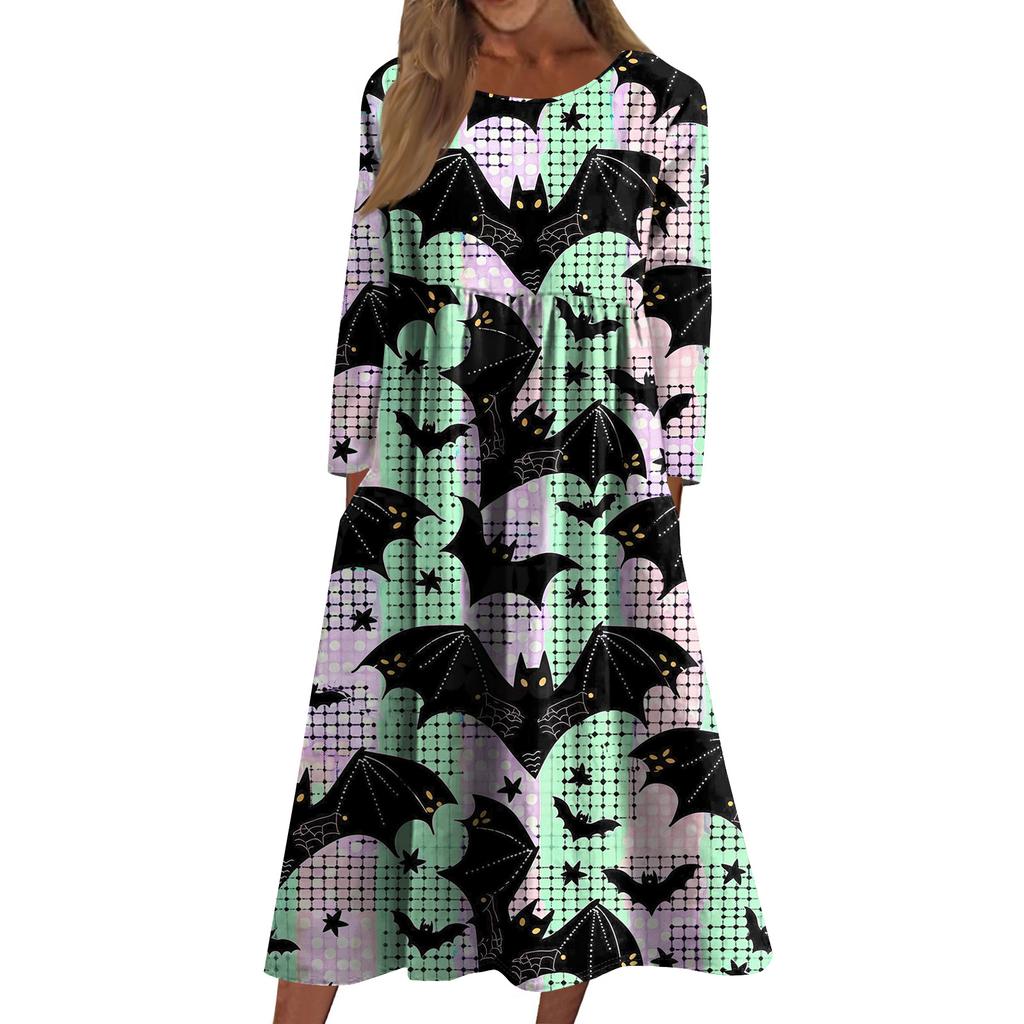 Women's Casual -neck Halloween Print Mid-length Dress Long-sleeved Dress With Pocket