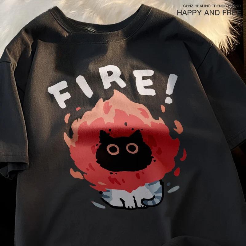 Fun and Cute Cat and Dog Pattern Men's T-shirt Loose Tshirt Vintage Top FemaleT-Shirts Hip-Hop Cool Short Sleeved