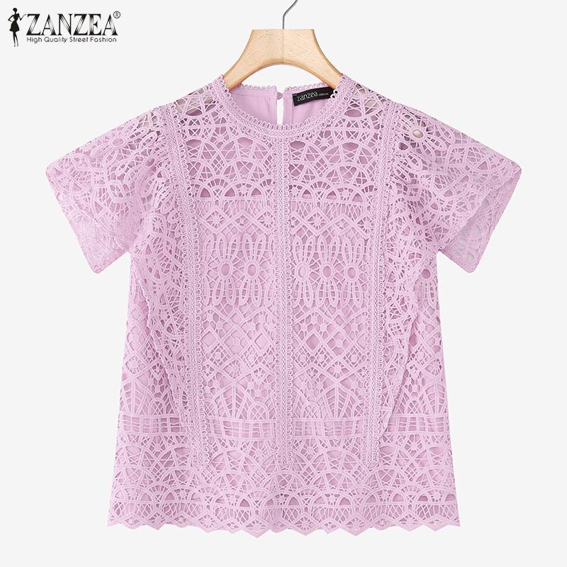 ZANZEA Women Casual Round Neck Summer Short Sleeve Patchwork Crochet Blouse