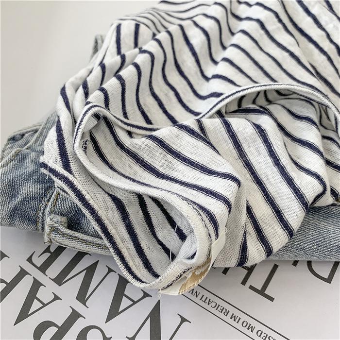 Women's Light Blue Striped V-Neck Bamboo Cotton Short-Sleeve T-Shirt - Loose Fit, Slightly Transparent