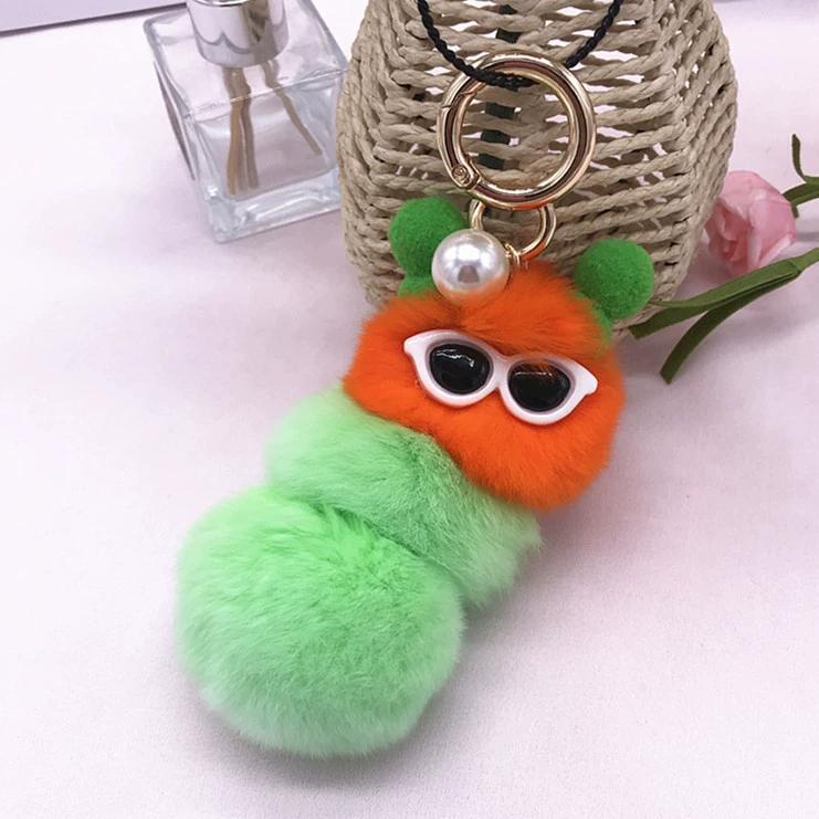Rex Rabbit Colorful Caterpillar Plush Bag Pendant Keychain Creative Cute Female Mink Jewelry Gift