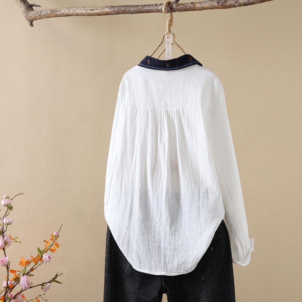 Spring Autumn Embroidered Shirt Cotton Doll Collar Vintage Artistic Versatile Top