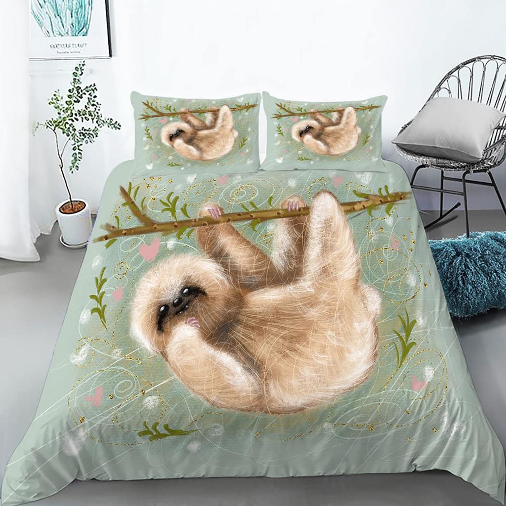 Kids Cute Sloth Duvet Cover Set Cartoon Sloth Printed Comforter Covers Boys Girls 3D Animal Themed Lovely Duvet Cover 2/3 Pcs