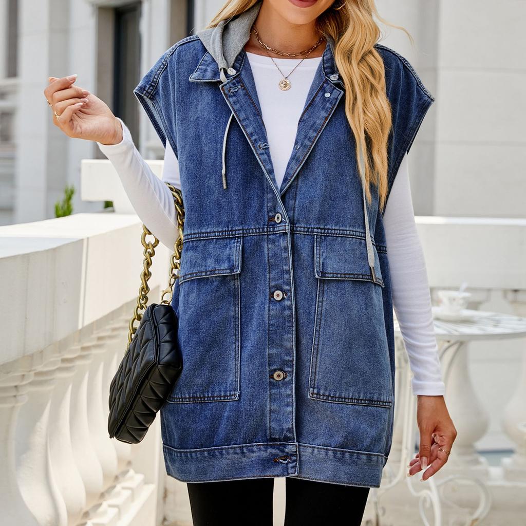 Kvinners uformelle løs vintage denimvest hettejakke