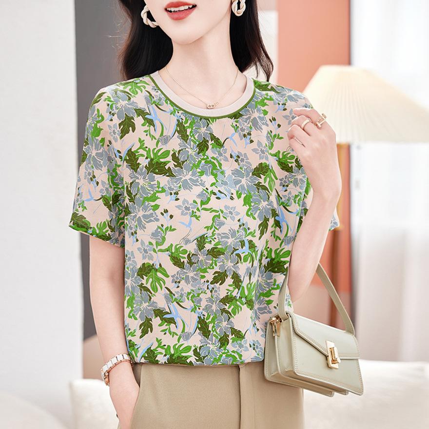 Printed silk top women's short-sleeved half-sleeved light summer mulberry silk T-shirt