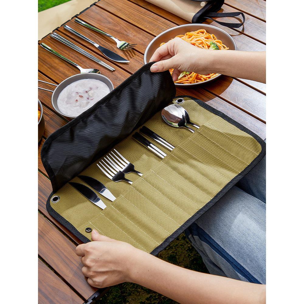 Stainless Steel Cutlery Set with Storage Bag: Chopsticks, Spoon, Fork, Knives, and Bowls for Outdoor Camping and Picnics.
