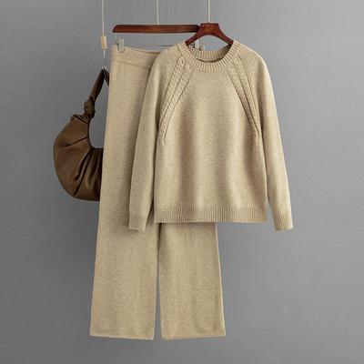 Autunno E Inverno Moda Donna Casual Tinta Unita Set Maglia Maglione Largo Pantaloni Gamba Larga Set Due Pezzi